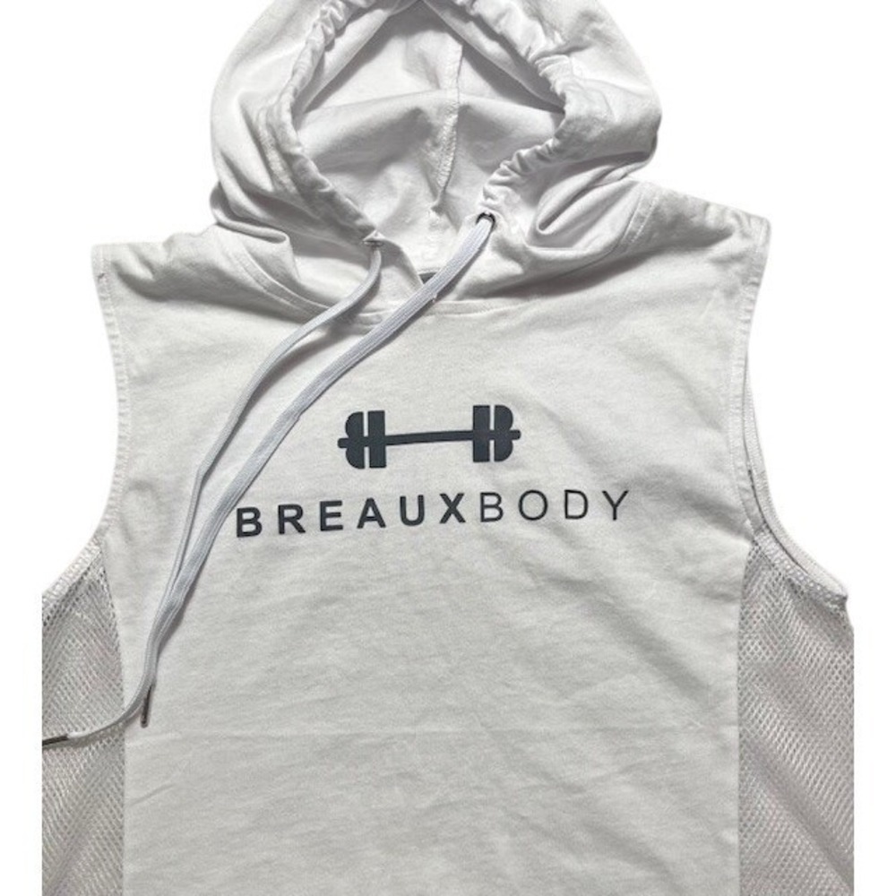 BREAUXBODY Womens SZ L Sleeveless Training Hoodie See Through Back White-1138